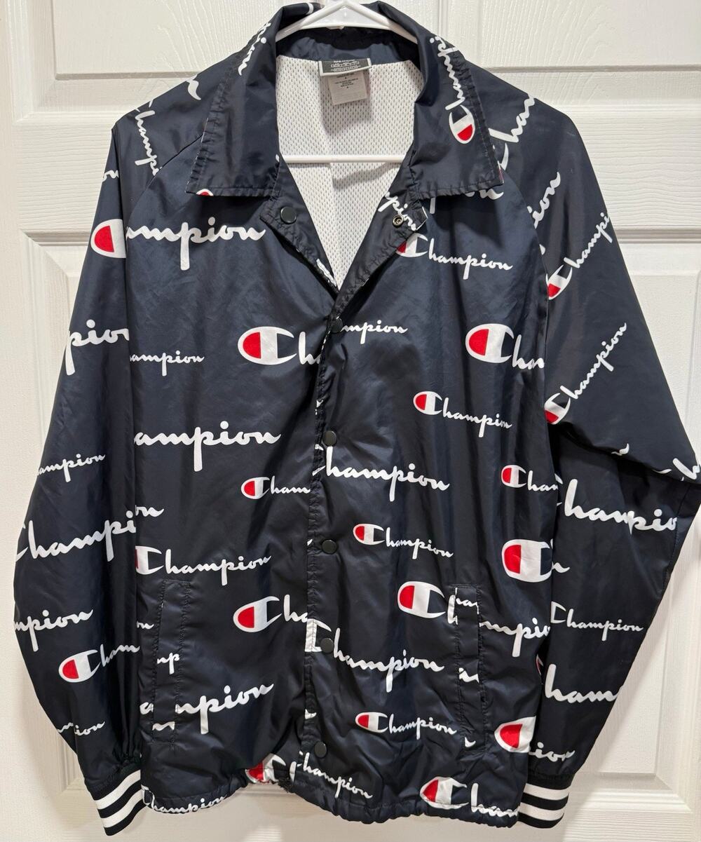 Champion Coaches Jacket Mens M Black/White/Red Allover Logo Snap Front Lined